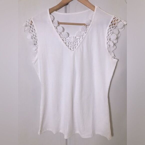 Boho White Lace Crochet Ribbed V Neck Cap Sleeve Fitted Boutique Top Size XL - Picture 2 of 6